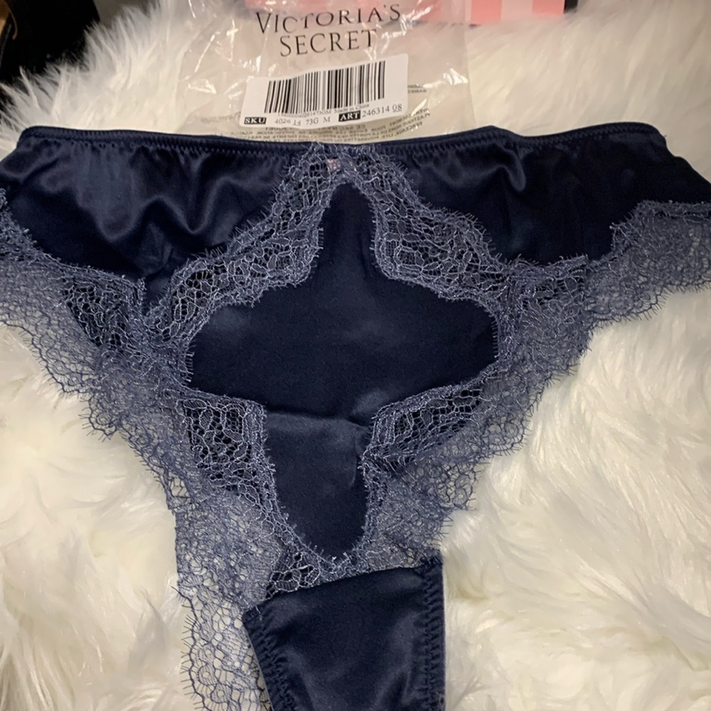 VICTORIA SECRETS HIGH WASTED NAVY SATIN AND LACE PANTY